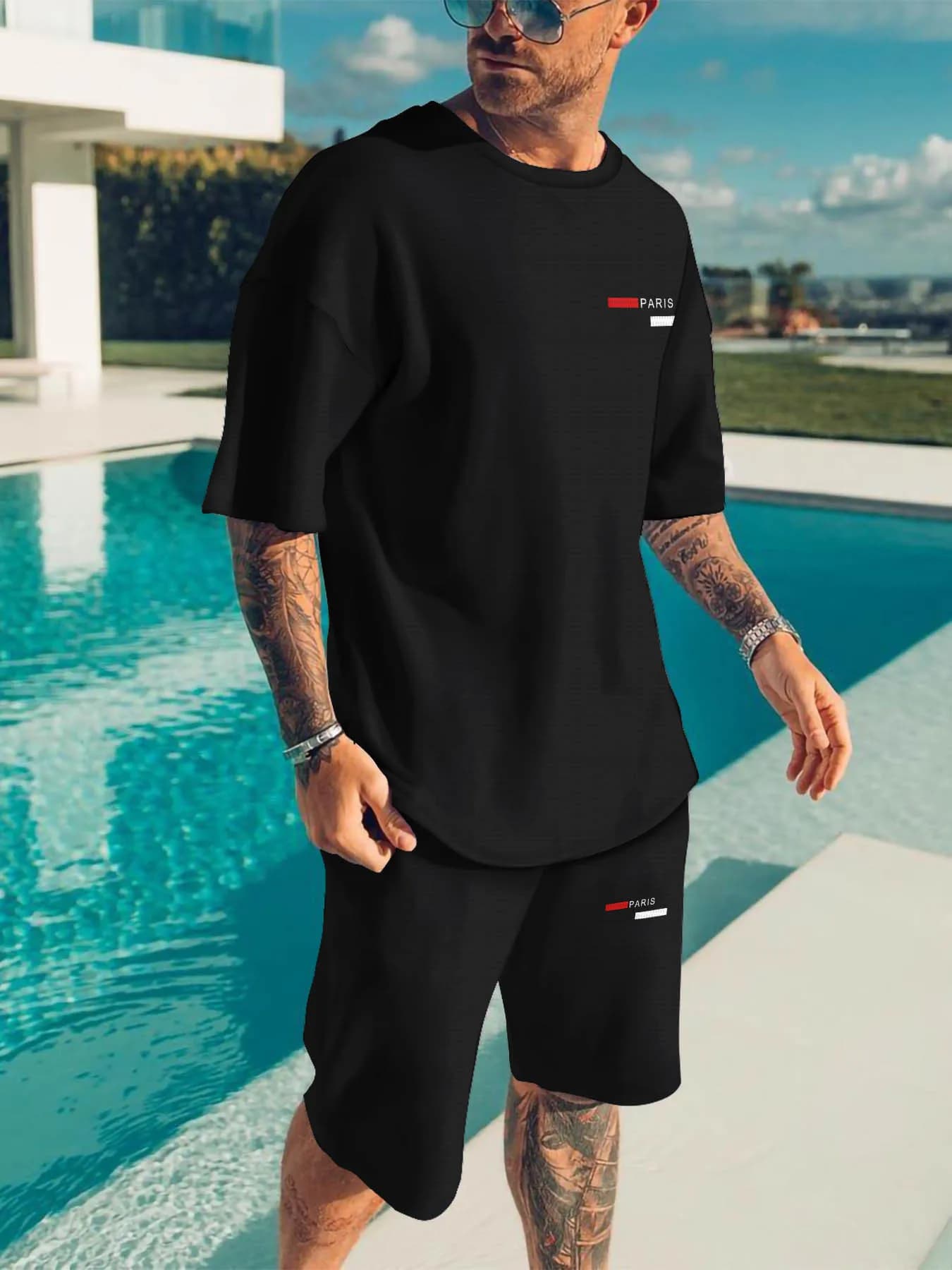 Breathable man sports suit for leisure, printed summer t-shirts and shorts, men's sportswear