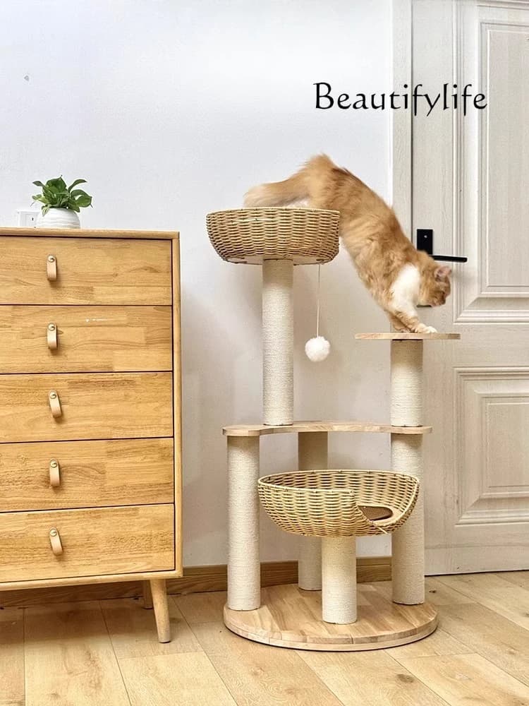Nido per gatti in rattan, struttura da arrampicata integrata, grande struttura in legno massello, piccolo appartamento, tiragraffi per gatti, colonna in sisal, supporto per gatti