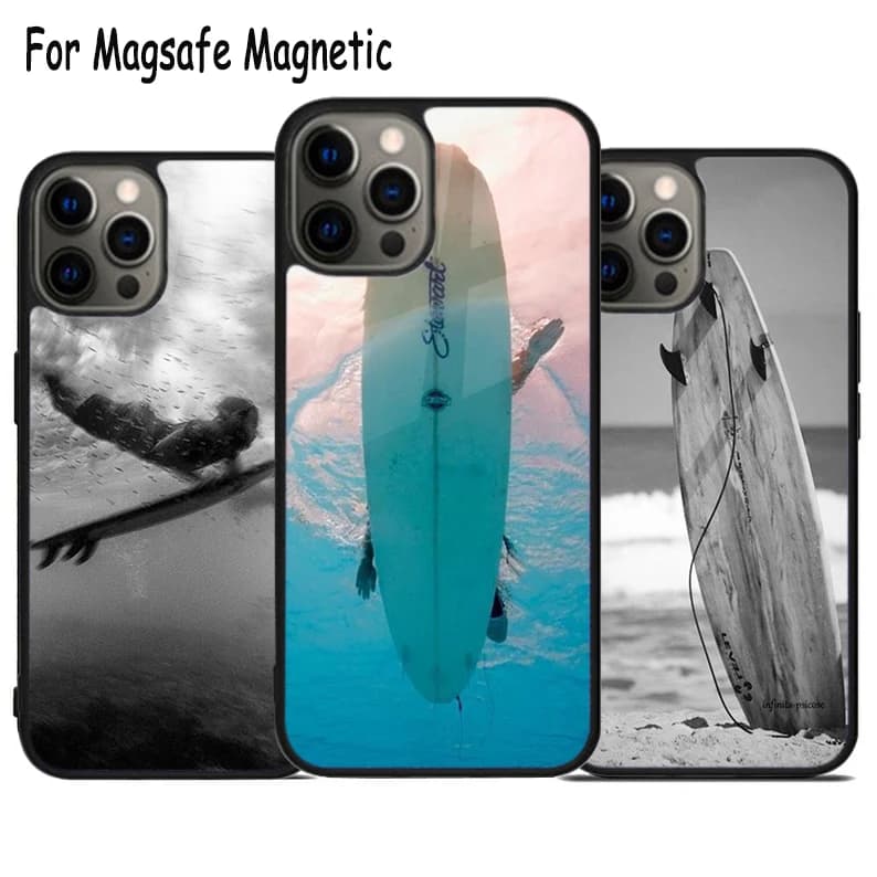 Custodia per telefono wireless con design Onde Oceaniche e Tavola da Surf per iPhone 17 Air 15 16 16e 14 13 11 12 Pro Max Plus, Cover Magnetica Magsafe