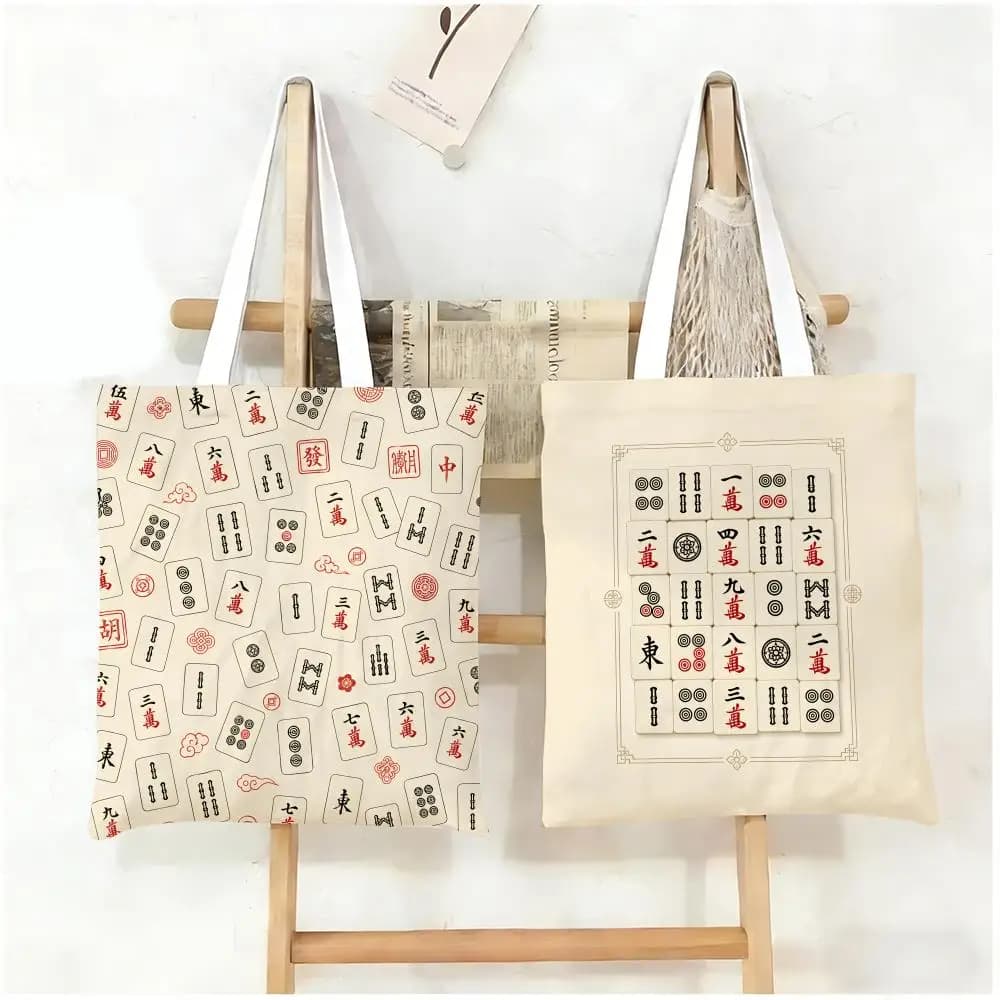 Mahjong Tiles Storage Bags Canvas Tote Bag Women Large Capacity Reusable Shopping Shoulder Bag Daily Handbag