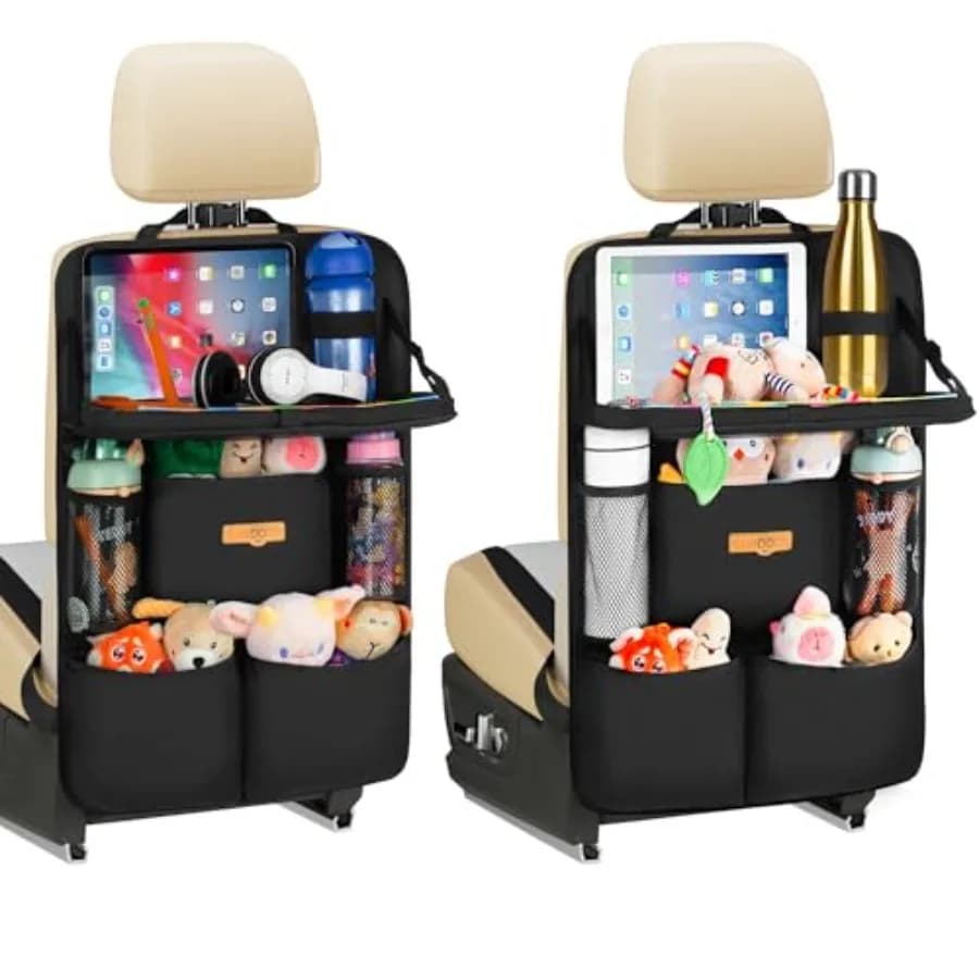 Backseat Car Organizer with Foldable Tray for Adults NEW MODEL Seat Storage with Touchable Tablet Pocket, Roadtrip Essentials F