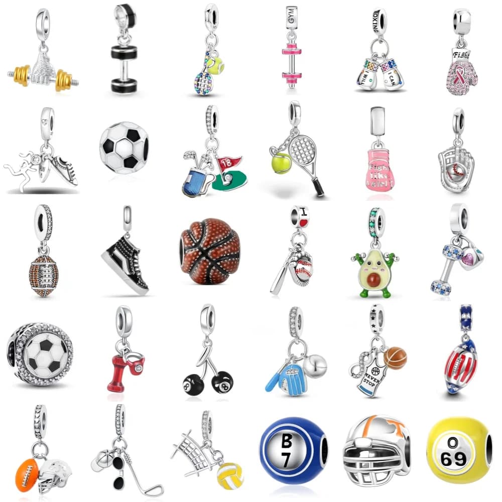 Ciondolo in Argento 925 a Forma di Casco da Baseball, Pallone da Football, Guanto da Boxe, Manubrio, Adatto per Braccialetti Originali, Gioielli Fai-da-Te, Regalo