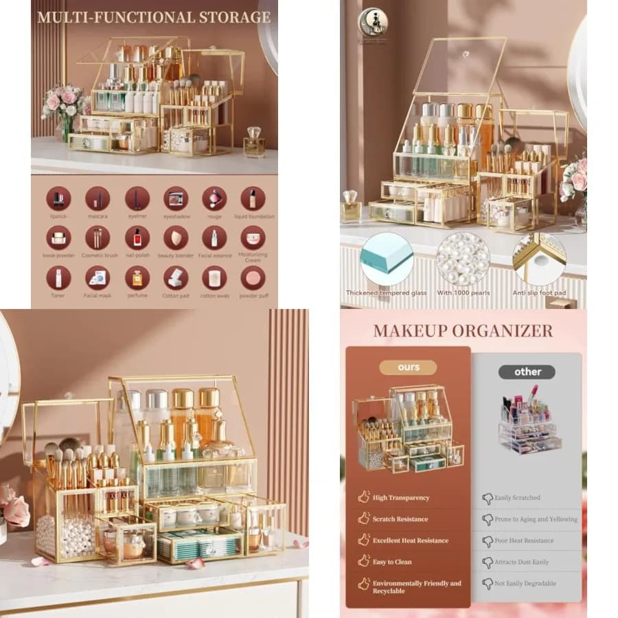 Organizer per Trucchi Trasparente con Cornice Dorata, Portaoggetti da Comodino per Cosmetici, Rossetti, Profumi, Pennelli, Bagno e Toilette