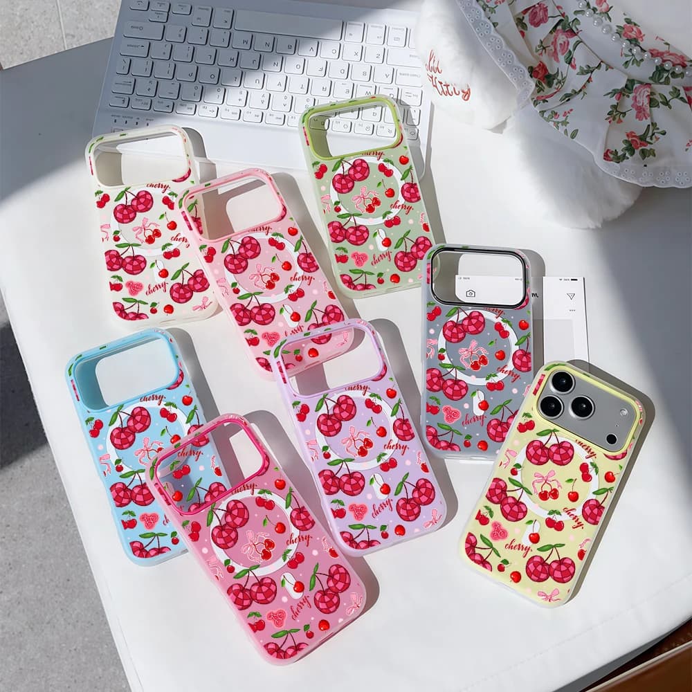 Custodia Magsafe 2 IN 1 Cherry Disco Luxury Candy Color per iPhone 16 15 14 13 17 Pro Max Plus, Cover Morbida Trasparente Opaca