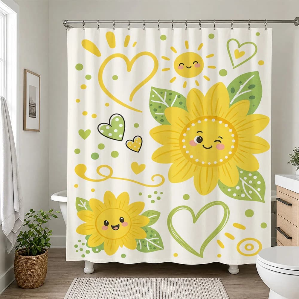 Cute Sunflower and Heart Shower Curtain Bathroom Decor Bright Yellow Floral Shower Curtain for Kids Nursery Bathroom