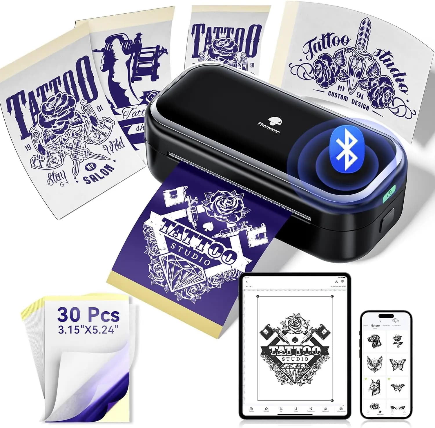 Mini Stampante per Tatuaggi con Carta Transfer, Macchina Portatile per Principianti e Artisti, Facile Utilizzo con Smartphone - Nera