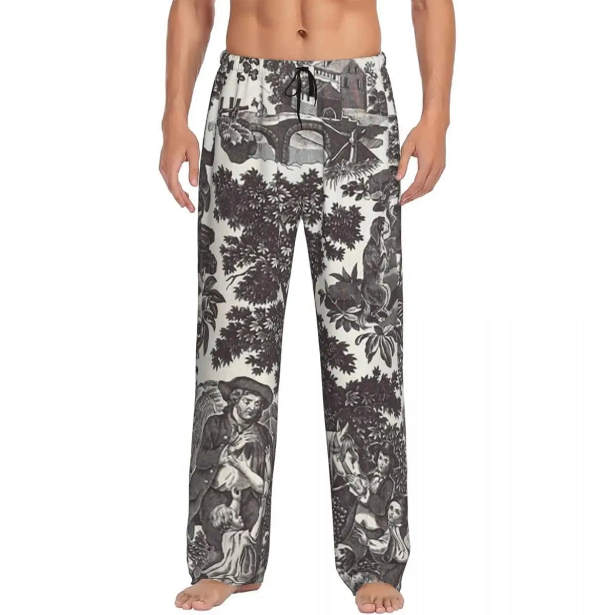 Custom Toile De Jouy Family History Pajama Pants Men Sleepwear Sleep Lounge Bottoms with Pockets