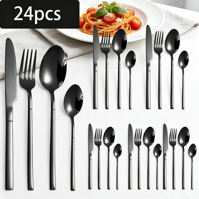 Knight 24Pcs set, food safety stainless steel, including knife, fork, spoon, teaspoon, used in family kitchen.