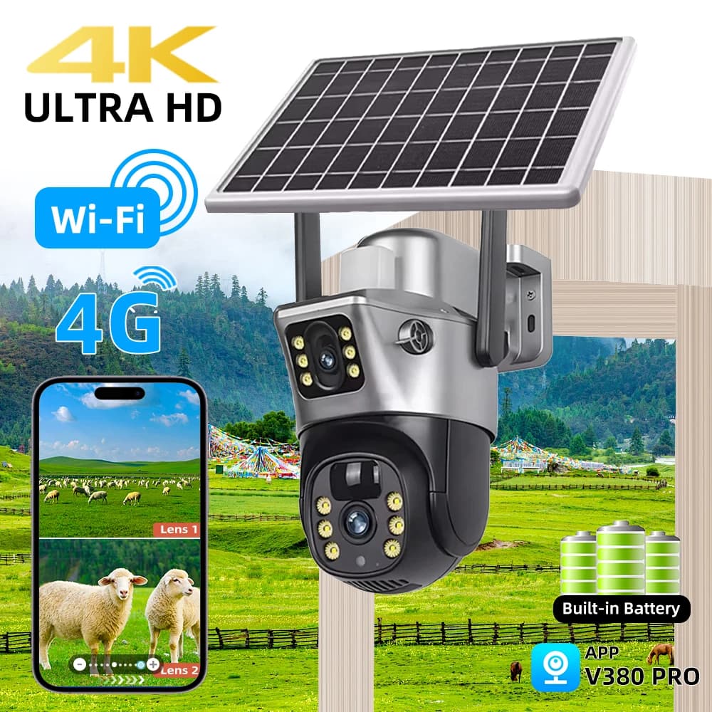 8MP 4G SIM Card Telecamera solare Telecamera di sorveglianza CCTV wireless esterna con pannello solare Doppia lente PTZ IP Cam Protezione di sicurezza