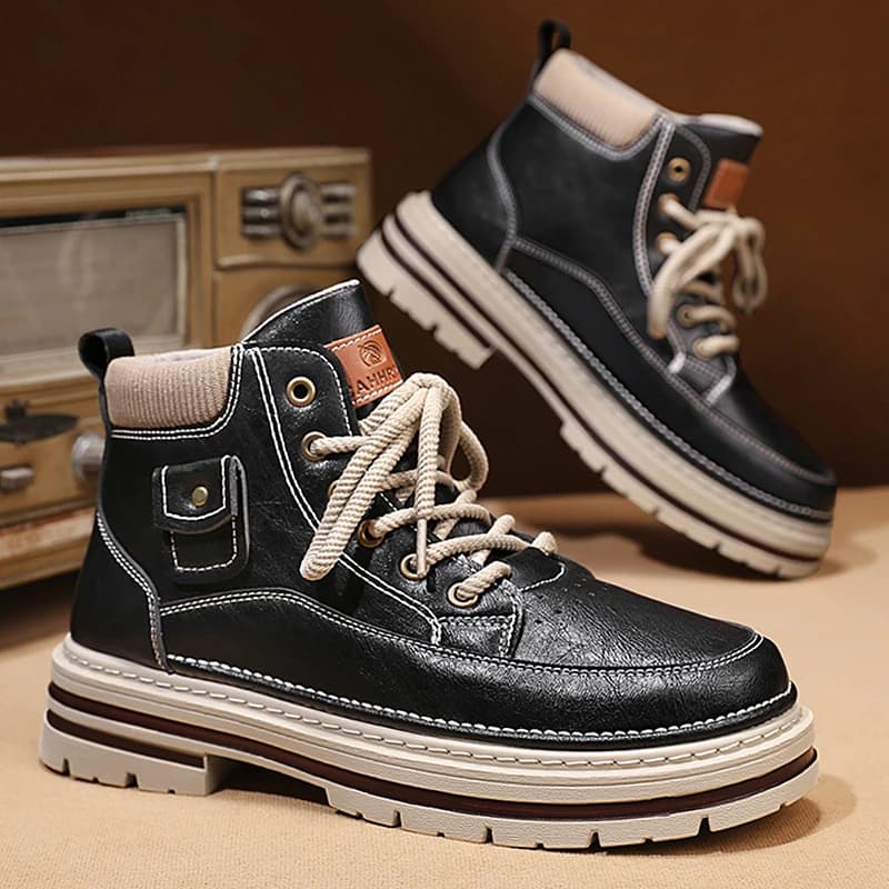 Side Zip High Top Combat Boots Men Wear Resistant Leather Cushioned Sole Urban Commute Outdoor Hiking Four Season Comfort