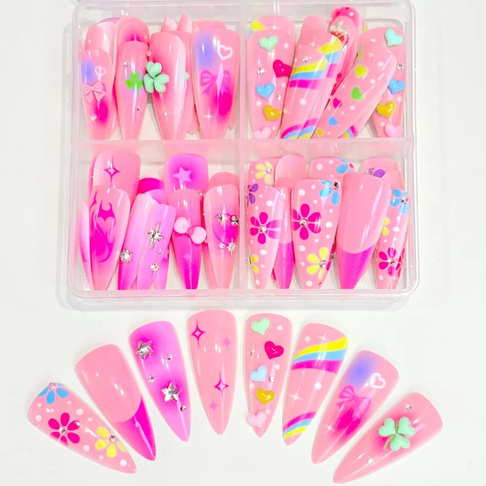 96 pieces of long styled fake nails, pink, with heart design, flower and clover, complete cover, fake nails pressure for girls Y2K, nail art for vacation.