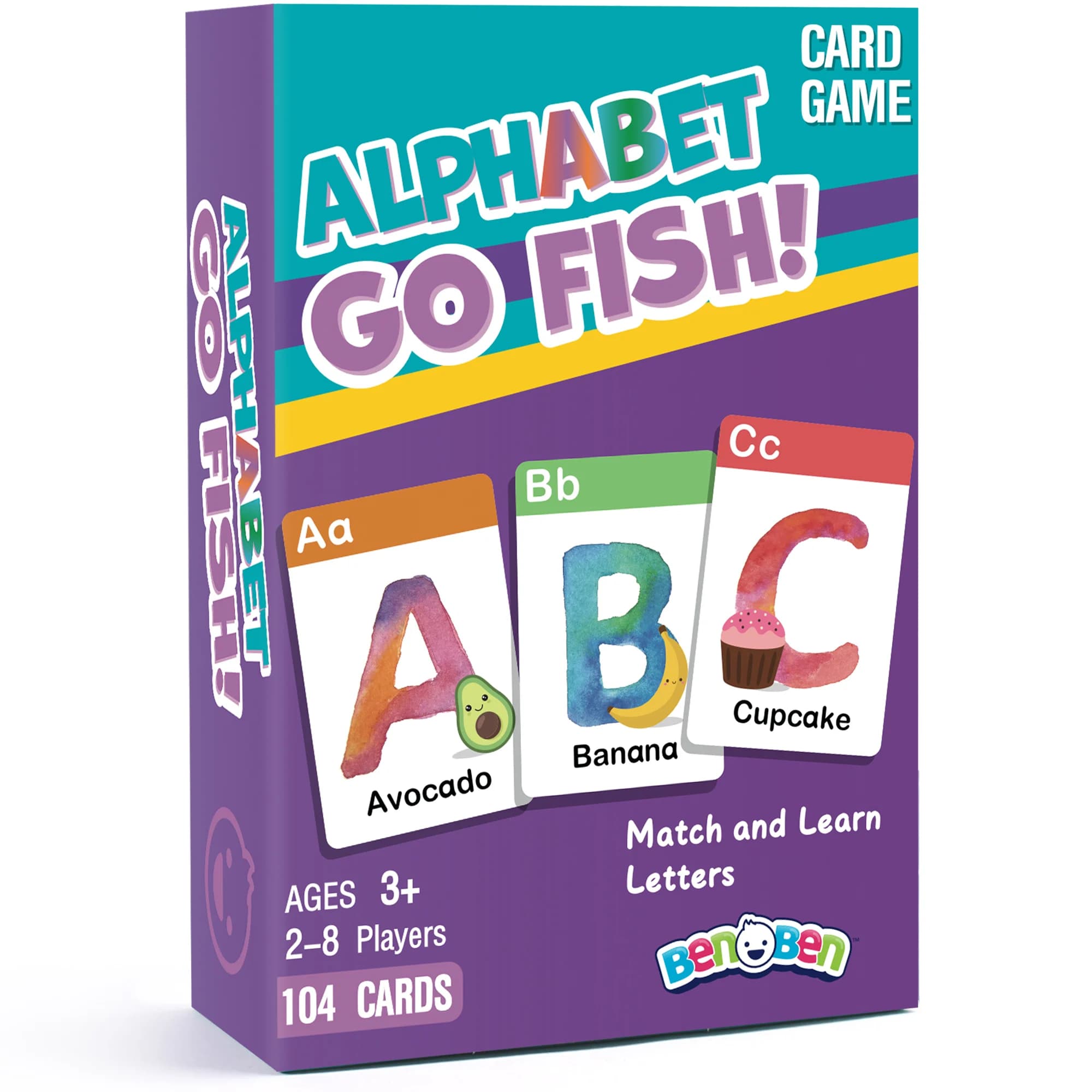 BenBen Alphabet Go Fish Gioco di carte per bambini, 104 carte, Carte da gioco per l'apprendimento ABC, Giochi di abbinamento della memoria, 2-8 giocatori, dai 3 anni in su