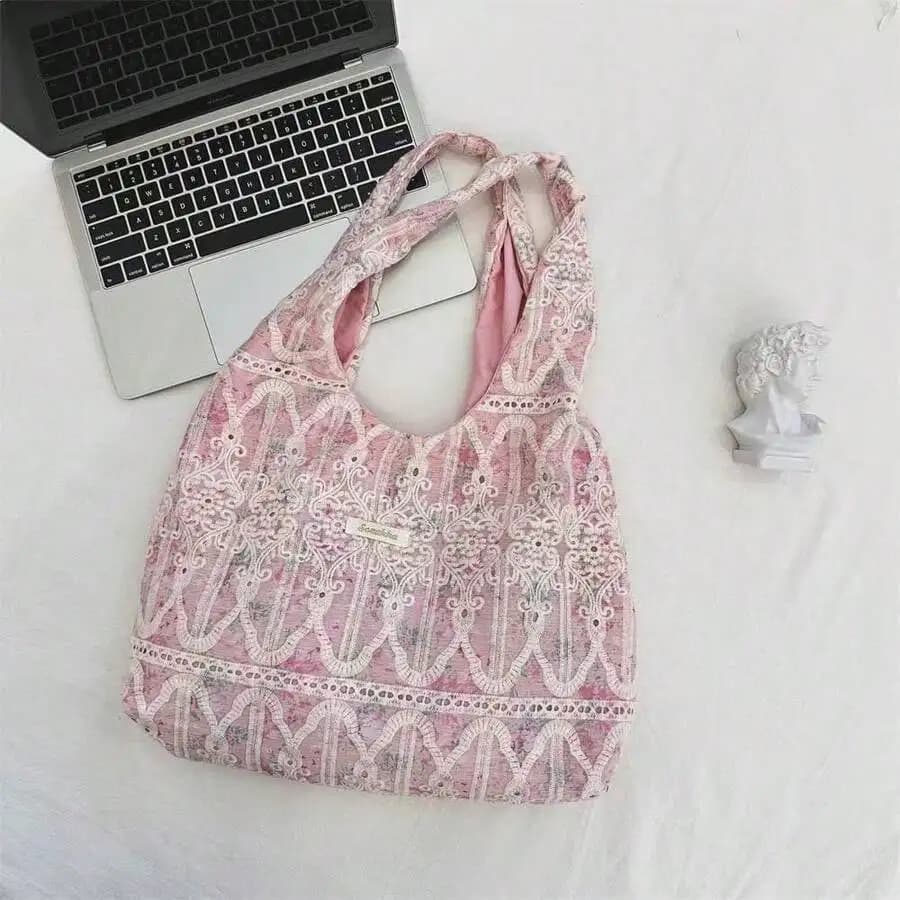 Pink Lace Floral Shoulder Tote Bag Fashion Casual Large Capacity Handbag For Women