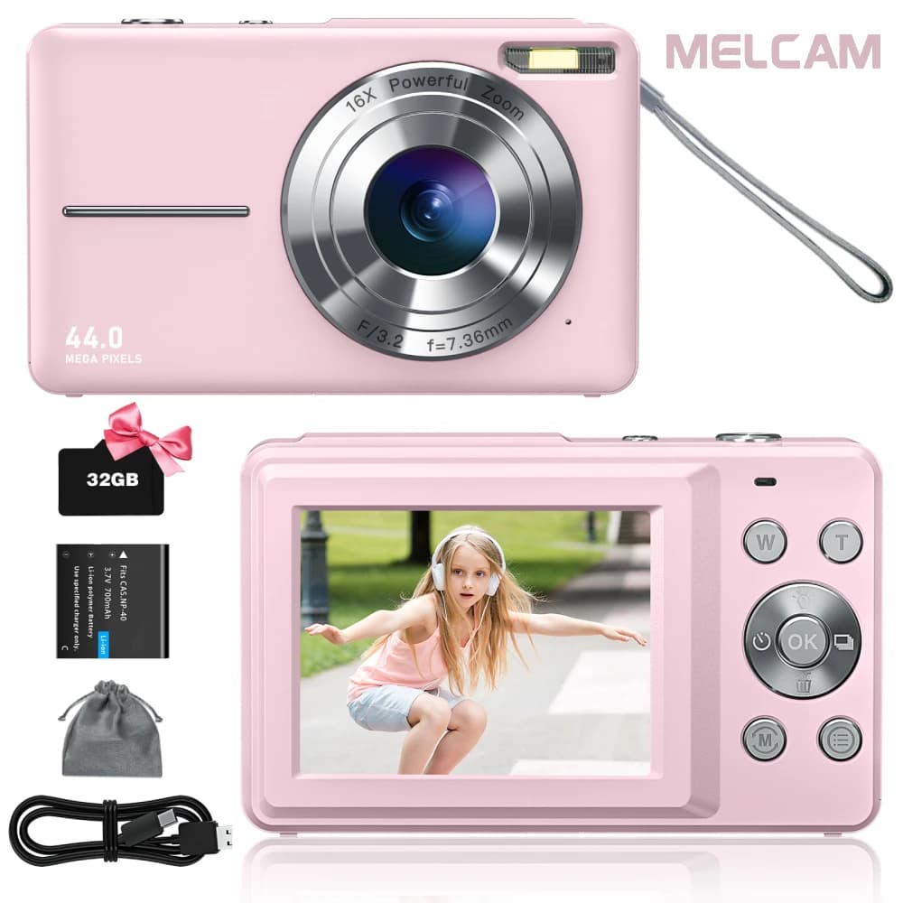 Fotocamera digitale da 44mp, fotocamera digitale FHD 1080P per bambini con scheda SD da 32GB fotocamera portatile Anti Shake piccola fotocamera per adolescenti, rosa