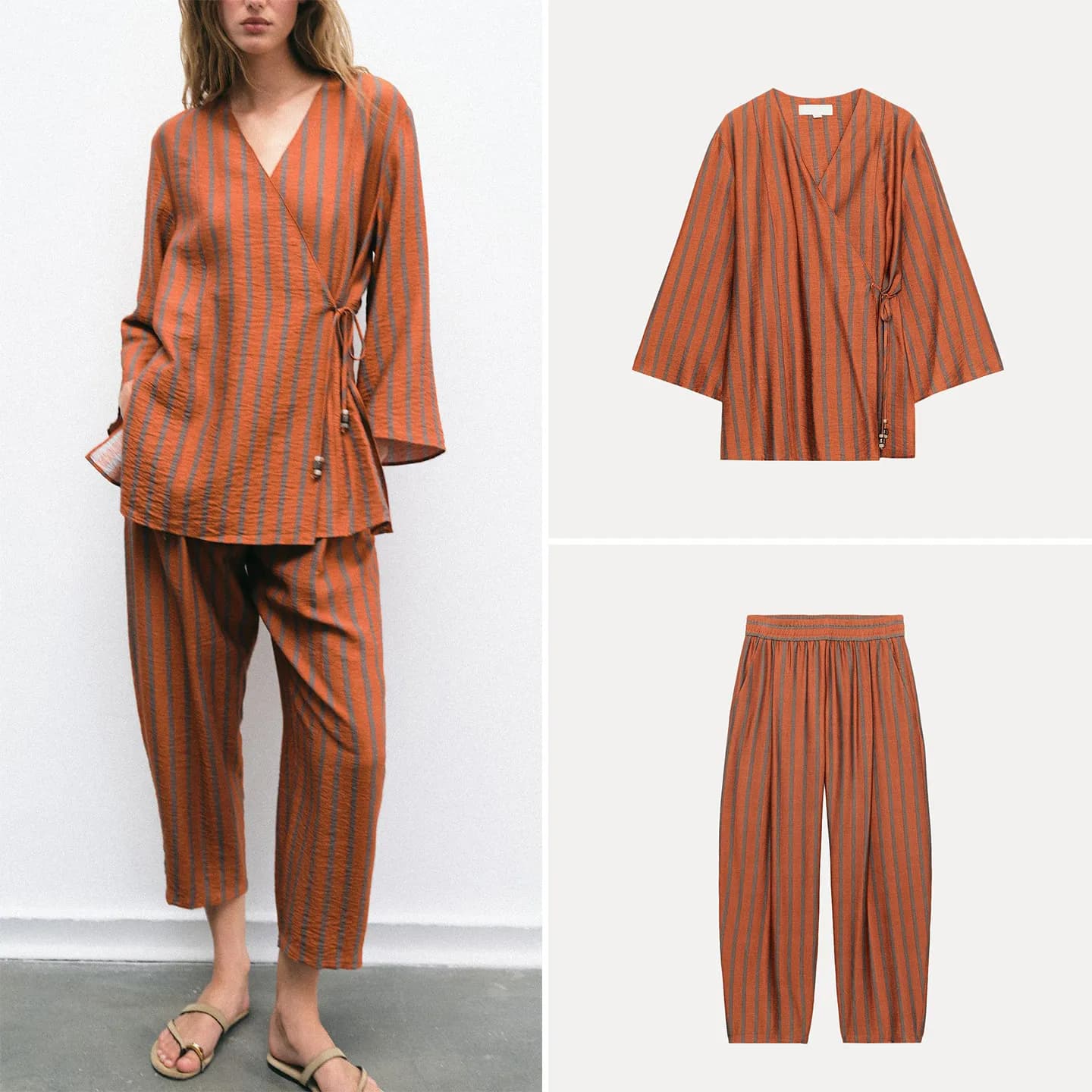 Women's Long Sleeve Beaded Striped Double Breasted Jacket with Waist Belt Matching Wide Leg Pants Fashionable Two Piece Set