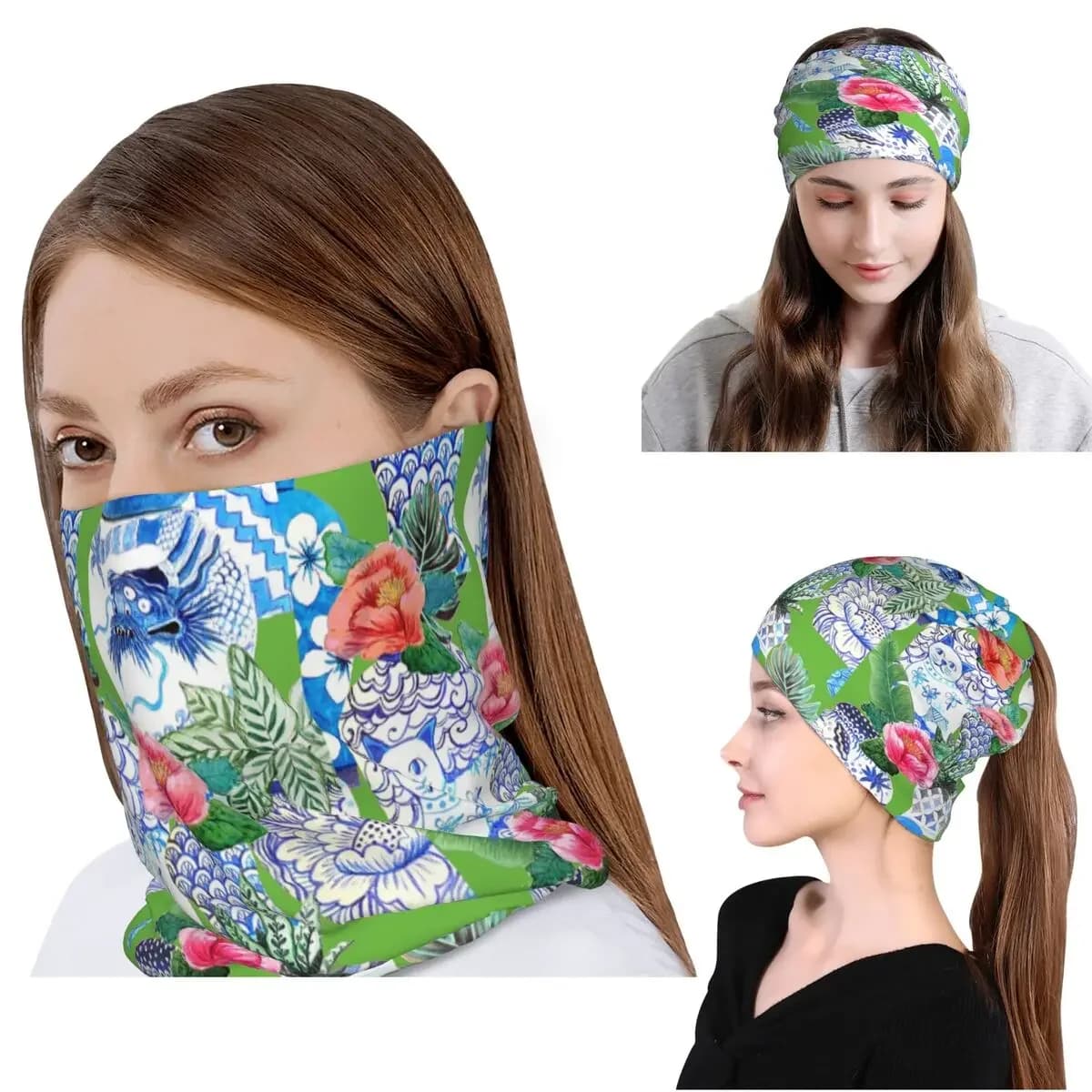 Blue And White Chinese Ginger Jars On Green, Emerald Green Chinoiserie Bandana Neck Cover Wrap Mask Scarf Headwear Beanies Hat