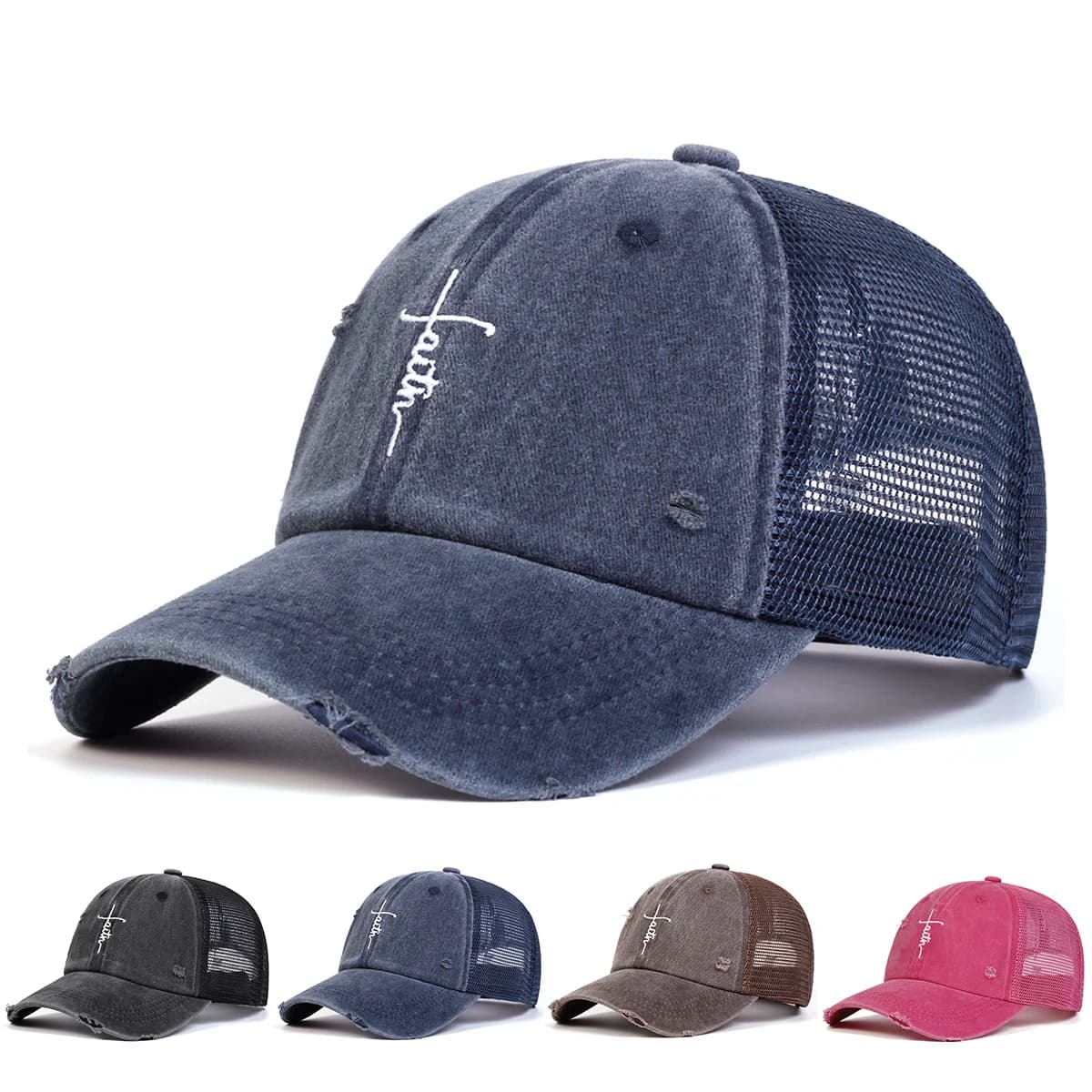 Adjustable Letter Cross Embroidered Washed Baseball Cap Breathable Trucker Hat for Casual Outdoor Use, Unisex Sun Protection