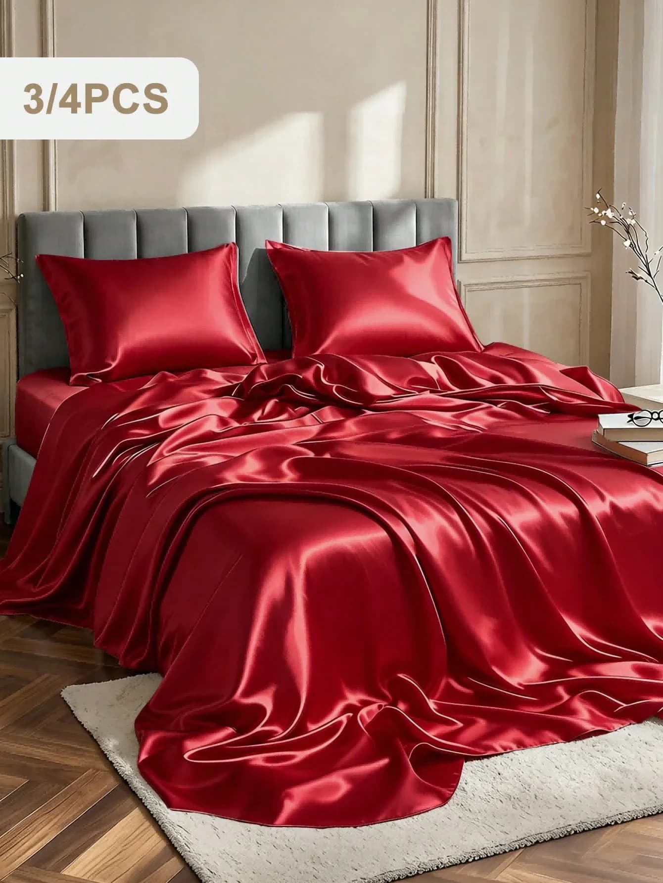 4-piece red bed sheet set, soft, breathable and cool bedding, perfect for room decoration, ideal gift choice