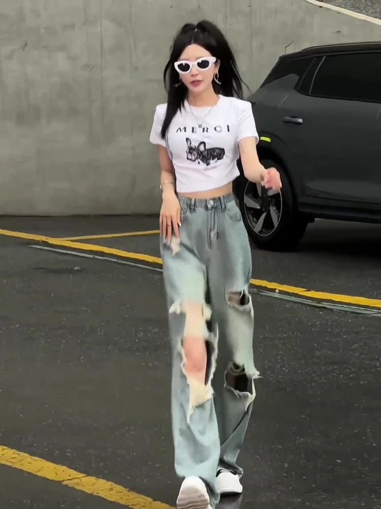 Jeans Casual a Vita Alta da Donna, Nuovi Pantaloni Larghi e Drappeggiati a Gamba Larga, Stile Trendy Streetwear