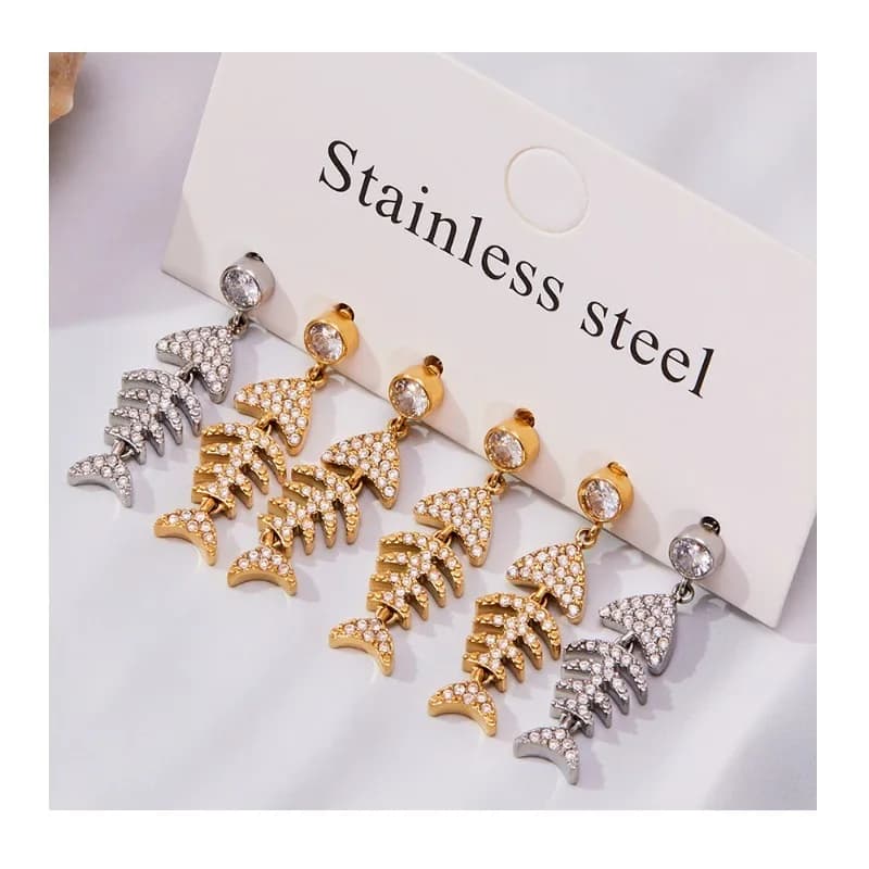Mystery Exquisite Small Fish Bone Inlaid Zircon Pendant Earrings Gold-plated Fashion Simple Earrings Show Thin Face