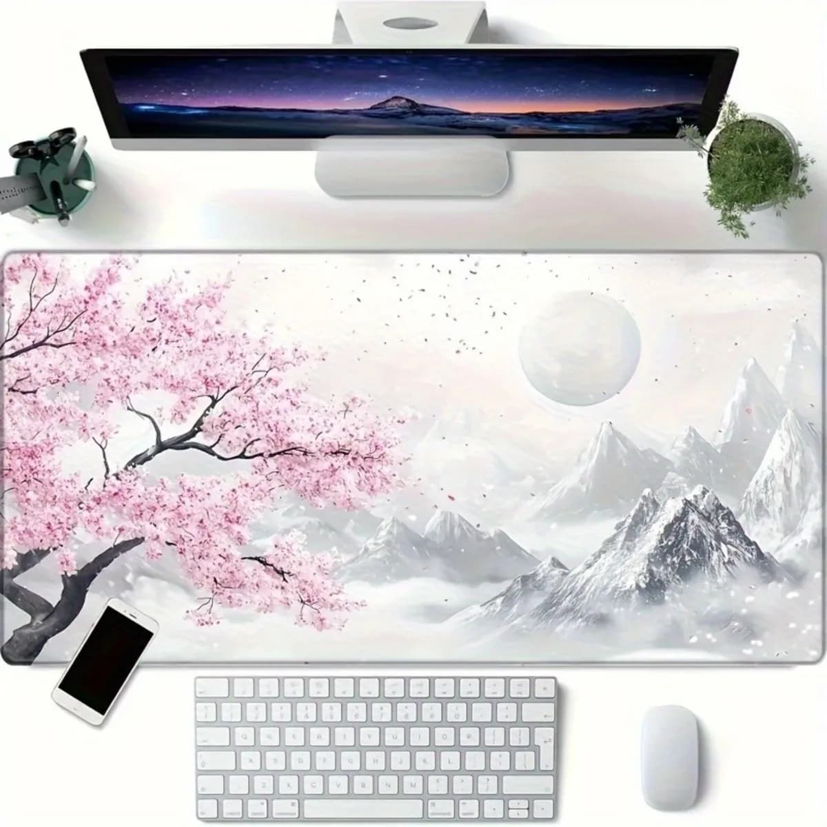 Tappetino per Mouse in Gomma con Motivo Montagna Innevata e Fiori di Ciliegio, Base Antiscivolo Durevole, Grande Tappetino da Scrivania per Casa, Ufficio e Gaming