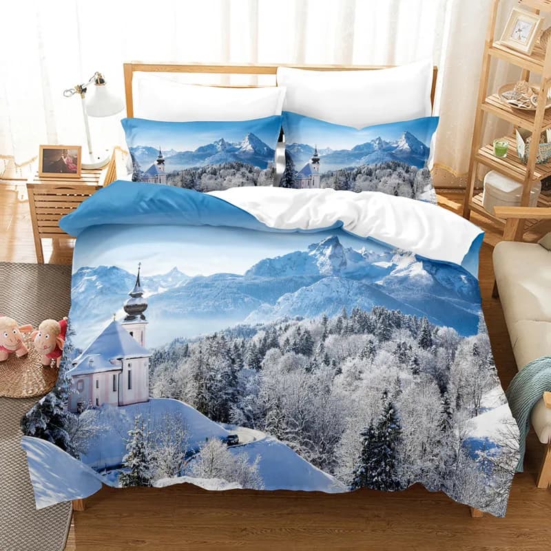 3D Digital Print Bed Linen Set, Motivo Capanna e Neve, Copripiumino, Complete Set, Queen Size, Fashion Design