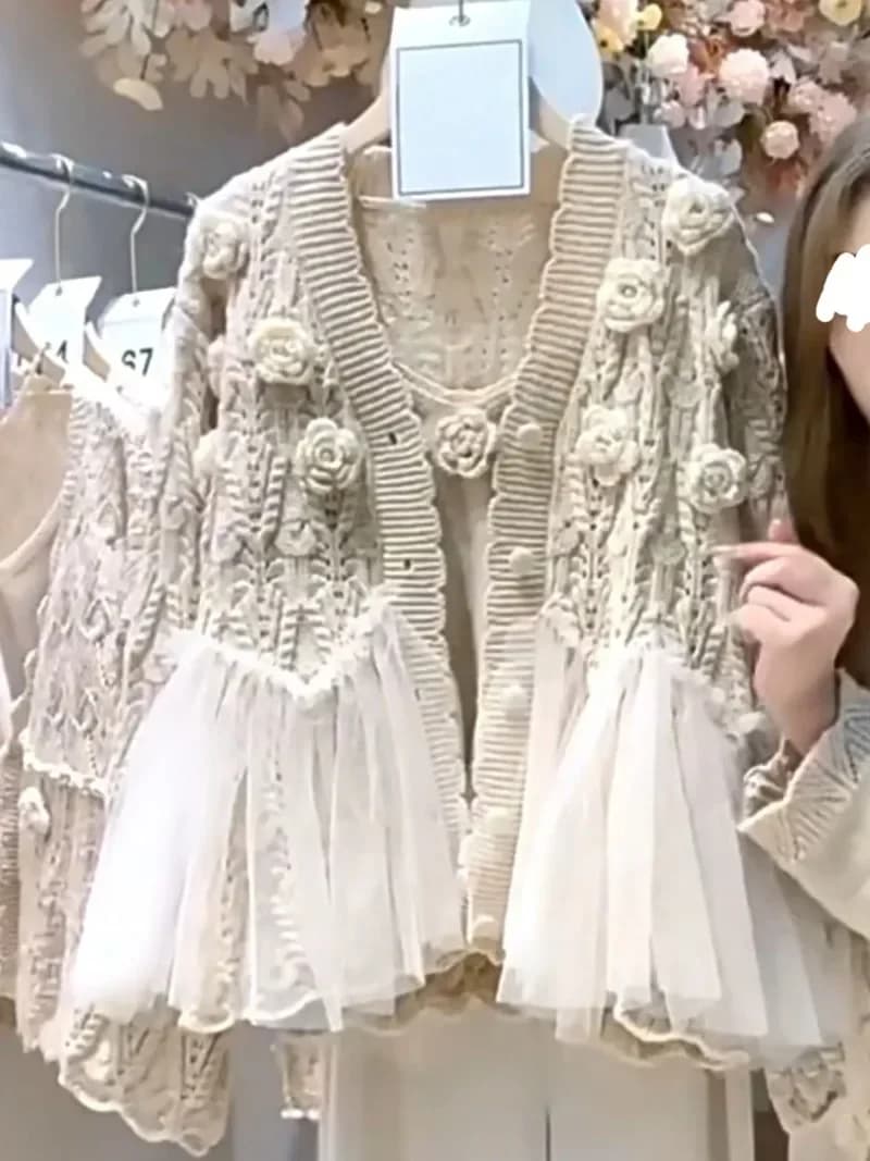 3D Flowers Crocheted Mesh Ruffles Stitching Sweater Coat Gauze Ruched Spliced Hooked Knitted Cardigan Knitwear+Camis 2pcs Q100