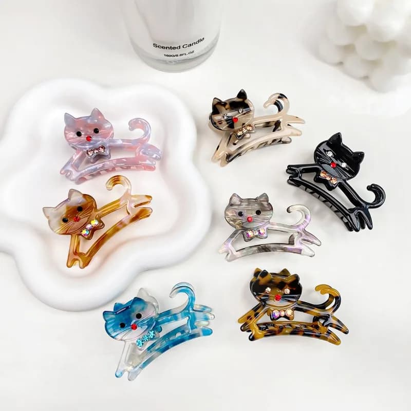 Rhinestone Cat Acetate Claw Clip, Luxury Elegant Shark Hair Accessories Smooth Glossy Acetate With Cute Diamond Cat Decor Gift