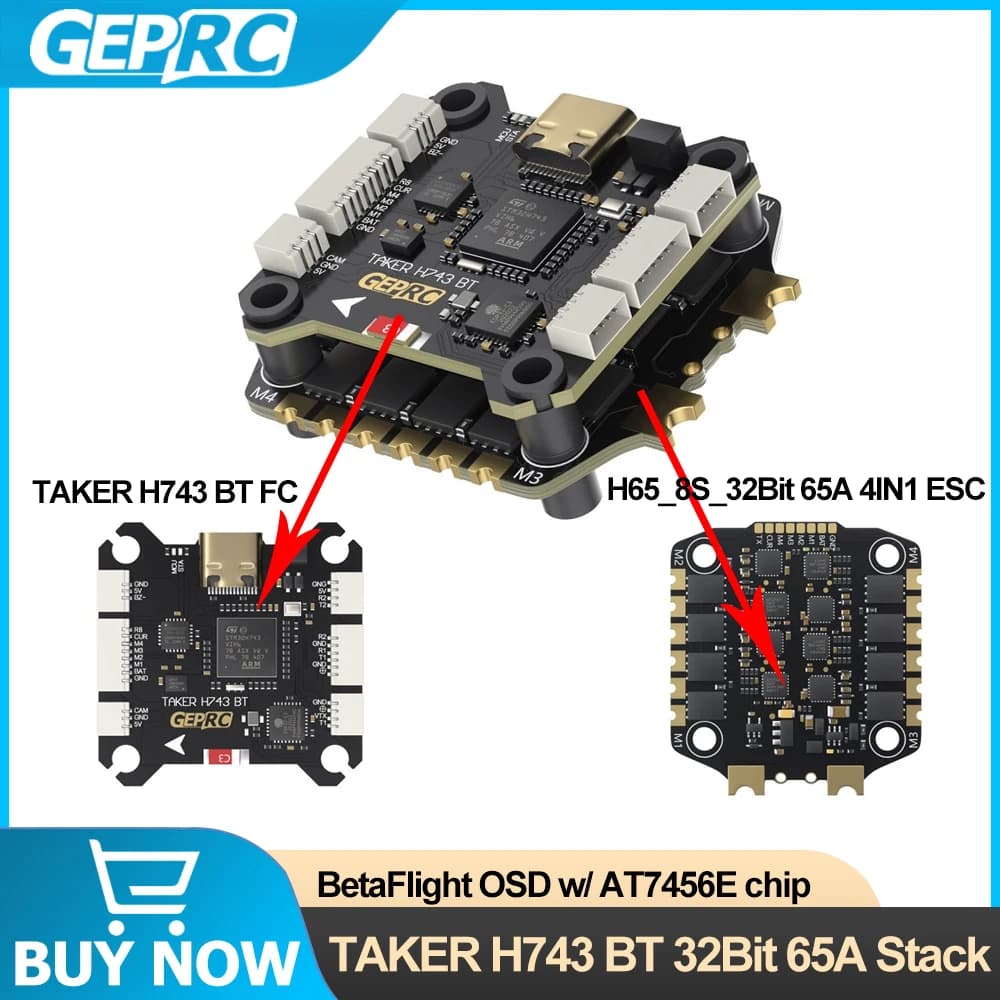 GEPRC TAKER H743 BT 32Bit 65A Stack H743 BT Controllore di volo H65_8S_32Bit 65A 4IN1 ESC Doppio giroscopio per Racing FPV Drone MOZ7 V2