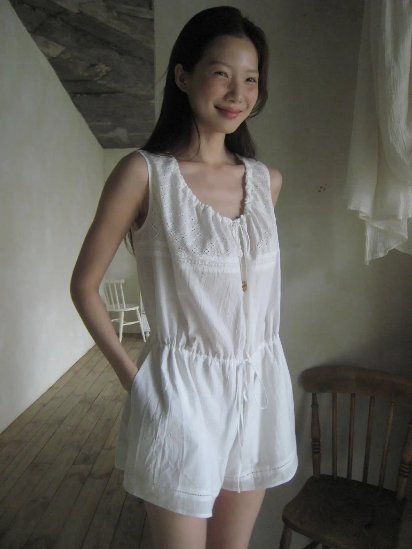 Tannat White Summer Vacation Loose Drawstring Sleeveless Lace Embroidery Jumpsuit Shorts Women's Fashion mid Waist Short Length
