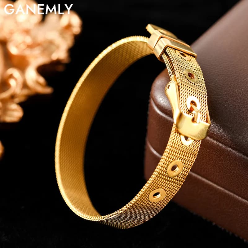 GANEMLY Orologio in acciaio inossidabile 316L color oro Bracciale rigido a catena larga per le donne Regalo di gioielli impermeabili con catena da polso di moda
