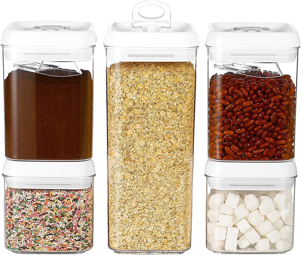 Contenitori Ermetici per Alimenti con Coperchio Ribaltabile, Set da 5 Grandi Contenitori in Plastica Impilabili da 5 Pollici per Dispensa, Cucina, Pasta, Proteine in Polvere