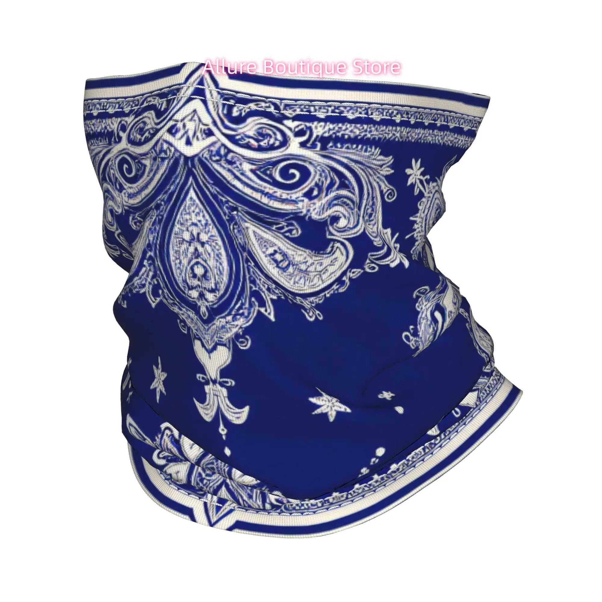 Blue White Paisley Bandana with Black Background And Central Star Motif Bandana Neck Cover Face Scarf Cycling Face Mask Hiking U