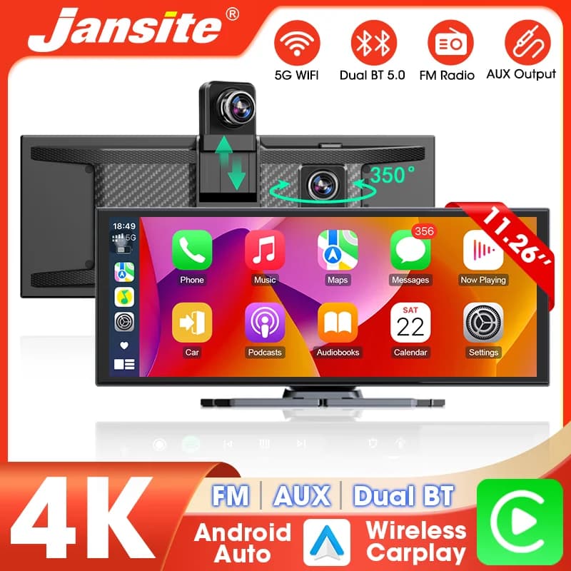 10.26/11.26" 4K Dash Cam Wireless Carplay Screen Android Auto Car DVR 350 ° Videoregistratore con obiettivo rotante Navigazione FM AUX WIFI