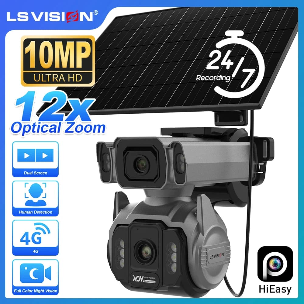 Telecamera di Sicurezza LS VISION 10MP con Doppio Schermo, 4G, AOV, Solare, Zoom Ottico 12X, Registrazione Video 24/7, Tracciamento Automatico