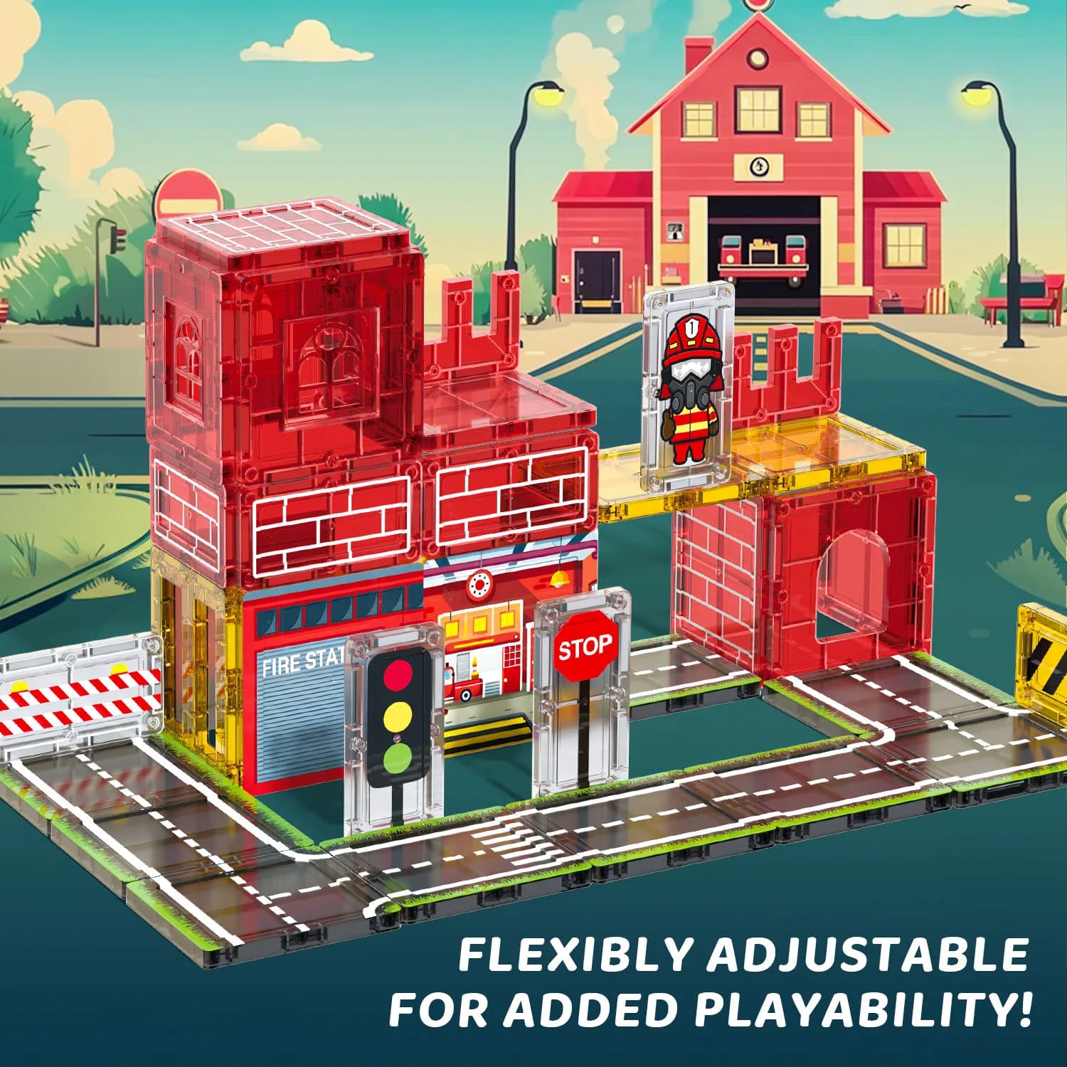 Set di Costruzioni Magnetiche a Tema Sicurezza Antincendio per Bambini, Scena con Stazione di Servizio, Giocattoli Educativi, Regalo di Compleanno
