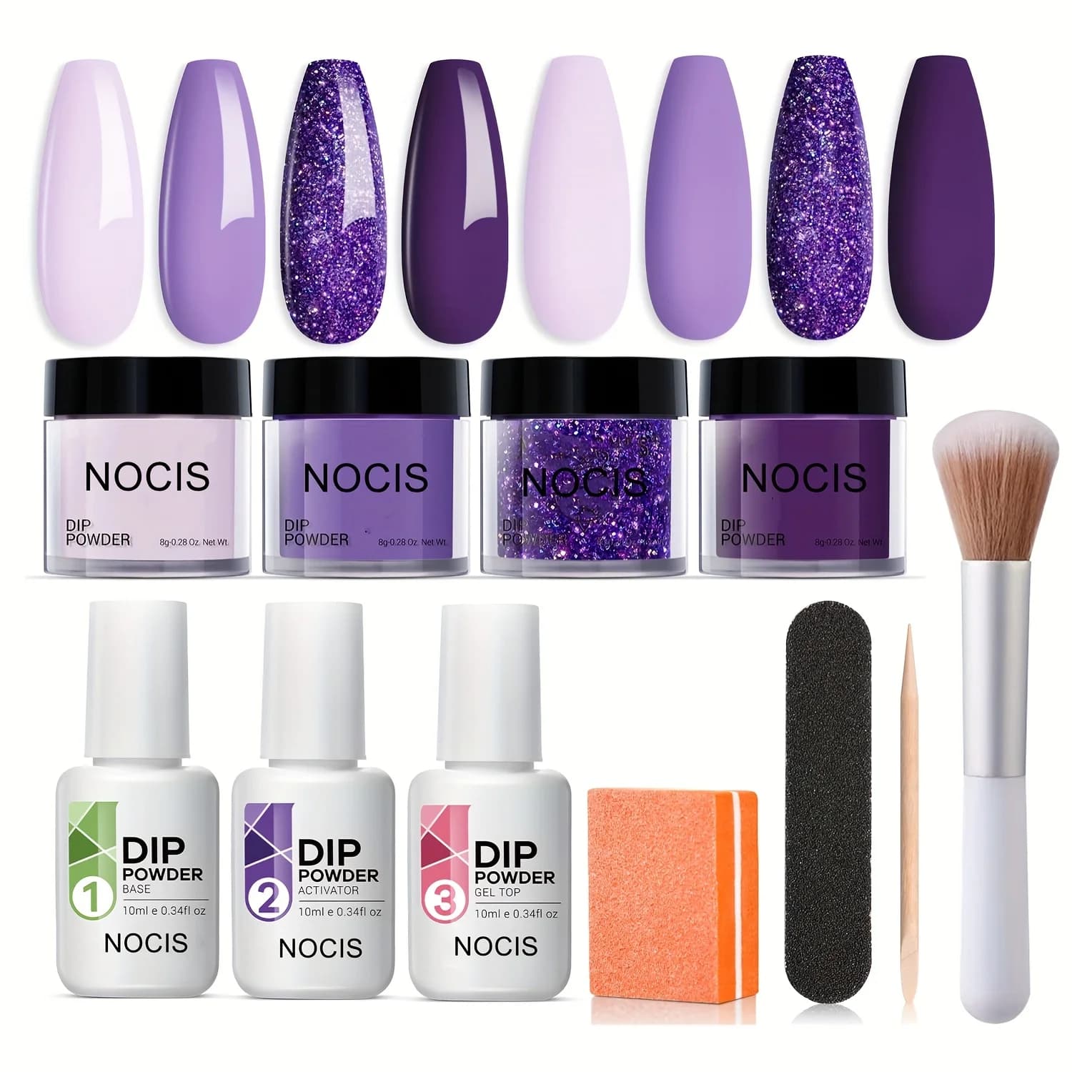 Purple Twilight Bloom Nail Dust Kit with 4 colors, including base, top coat and activator, perfect for French-style salon manicure