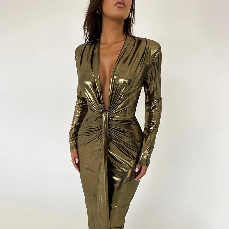 Nuovi modelli di vendita caldi attraverso il bordo Gonna in pelle a pieghe sui fianchi con scollo a V rivestito lavorato a maglia con temperamento sexy