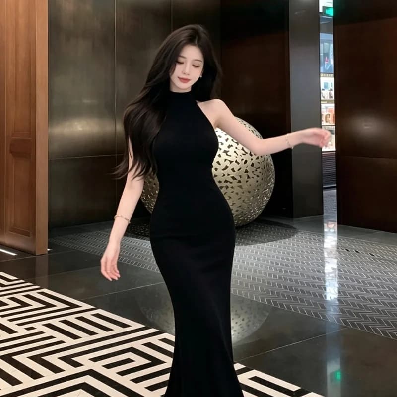 Elegant Black Neckline Long Dress Women's Summer High Collar Slimming Evening Gown Korean Style A-Line Skirt No Sleeve