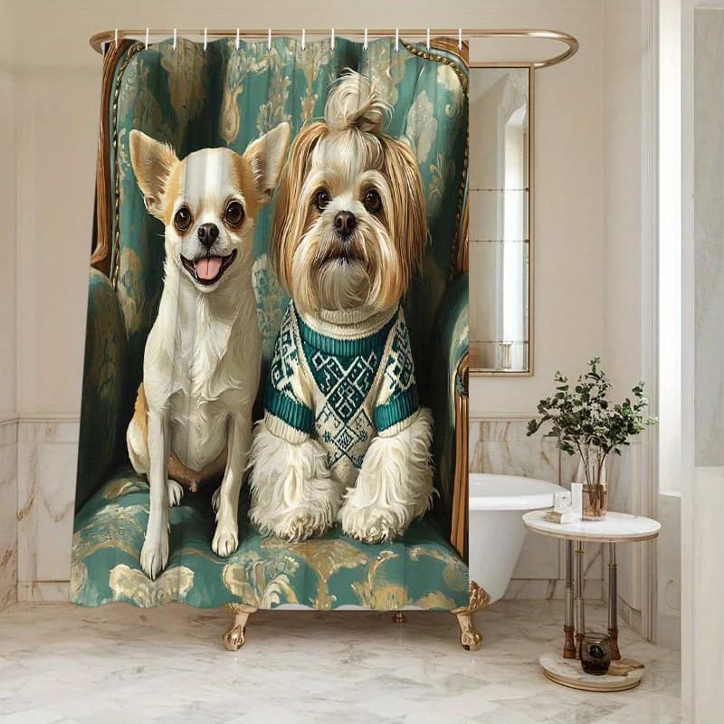 Lussuosa Tenda Doccia Floreale Teal e Oro - Disegni di Cani e Poltrona Imbottita, Poliestere, 180x180 cm, Elegante Arredo a Tema Animale