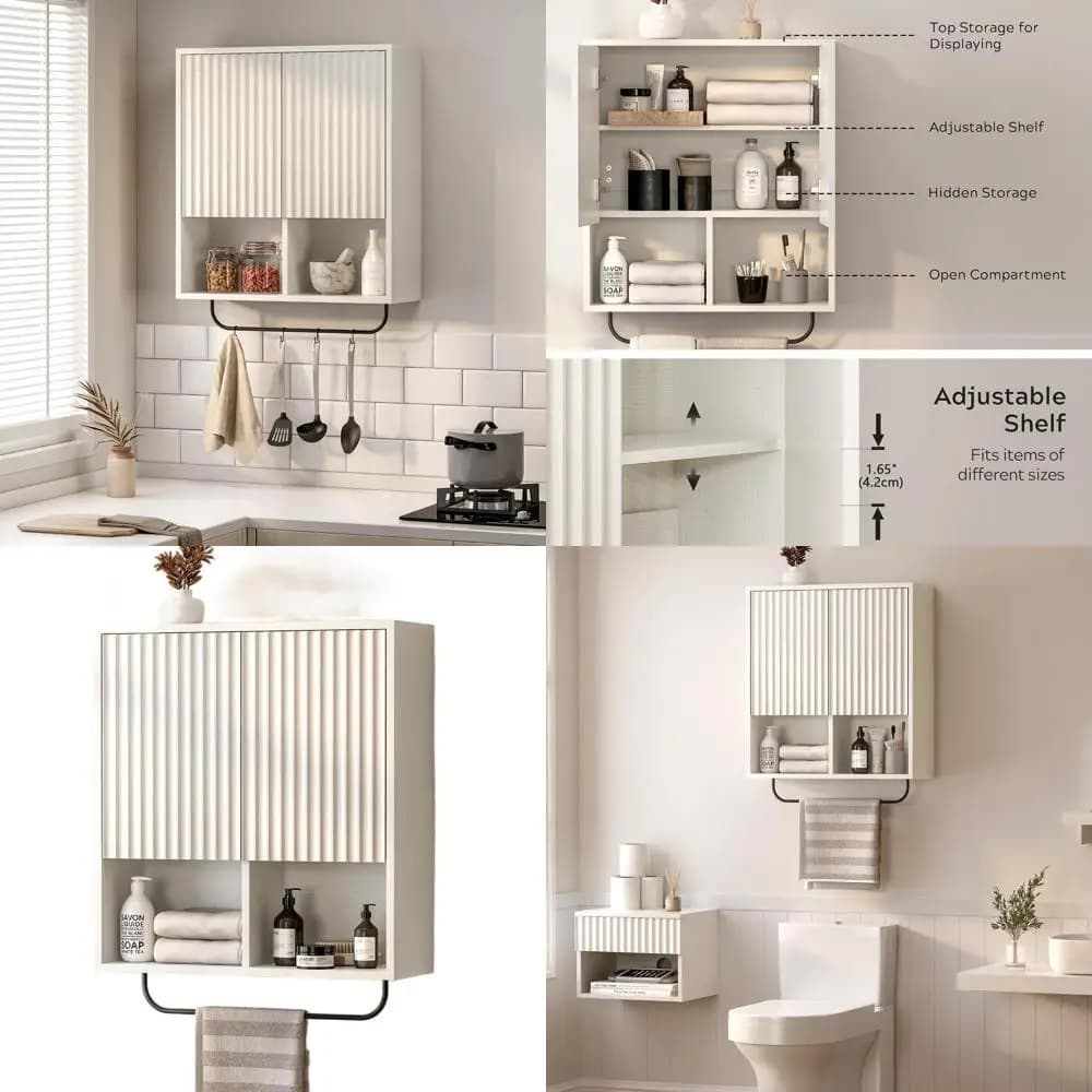 Mobiletto sospeso bianco da parete con 2 ante, ripiani regolabili e portasciugamani per bagno, cucina o lavanderia