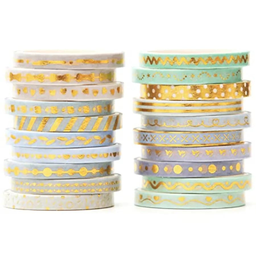Skinny Gold Washi Tape Set Basic Foil Print Decorative Masking Tapes for Arts, DIY Crafts, Journals, Planners, Scrapbook, Wrapp