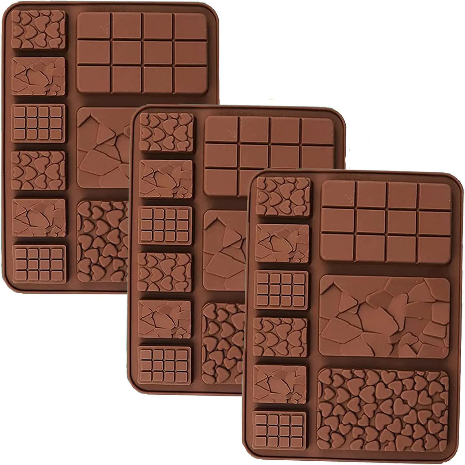 ROTADM Mix Shape Silicone Chocolate Mold Set - 3PC Break-Apart Mini Waffle, Heart & Square Bar Molds for Protein Bars, Energy Bites, Homemade Candy | Food Grade Non-Stick Baking Tools