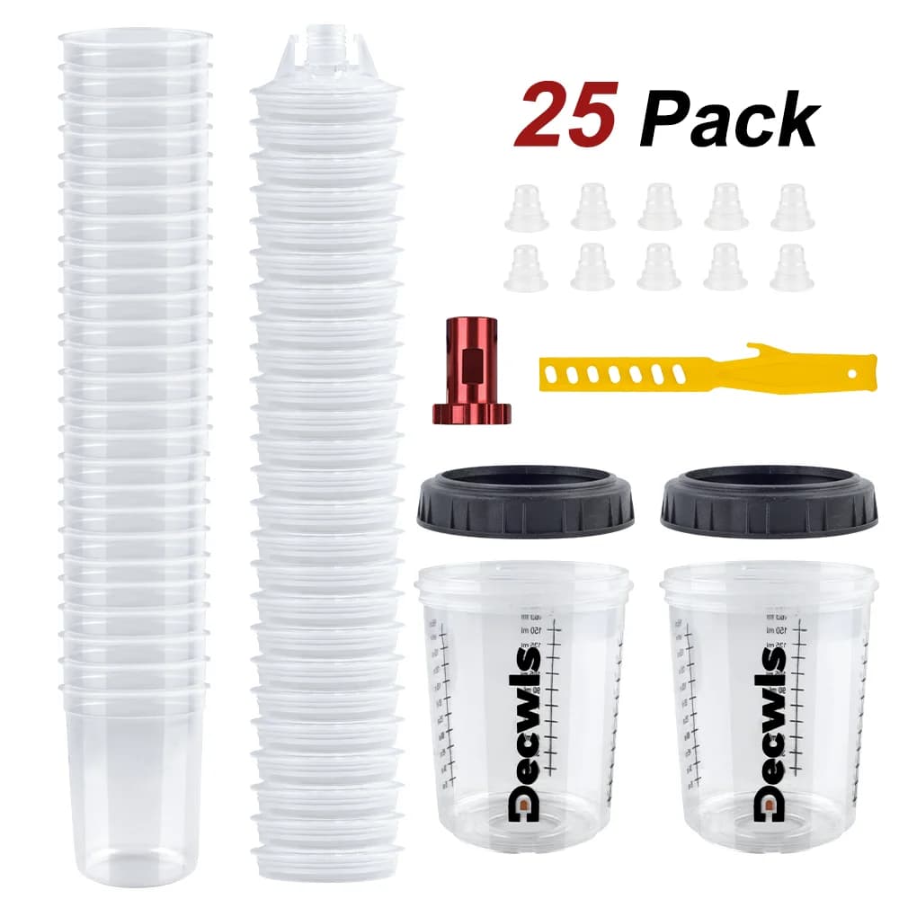 15/25 pezzi di miscelatore per pistola a spruzzo, serbatoio per pistola a spruzzo H/O Quick Cup, tazza per vernice monouso da 5,5 oz/165 ml, per piccole pistole a spruzzo, con adattatore M14 per pistola a spruzzo