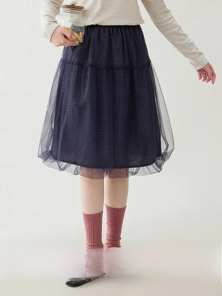 AMUU Small Audience Elegance Mesh Bloom Half Skirt Gonna a rete da donna, nuova collezione primavera, gonna a quadri voluminosa a vita alta, stile coreano