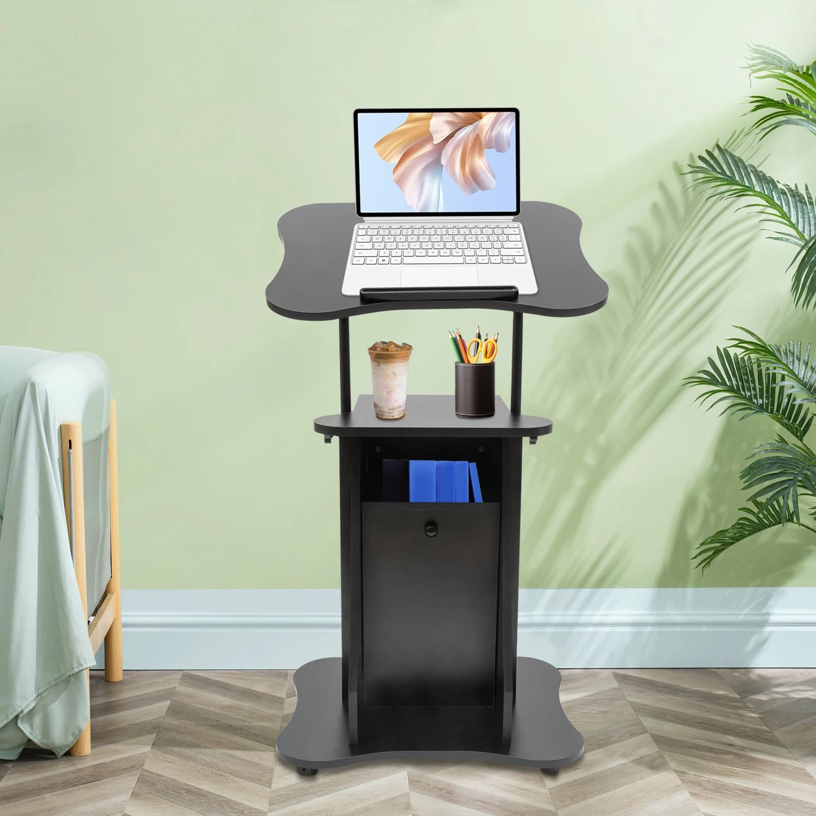 Podio Mobile per Laptop, Scrivania Regolabile in Altezza da Seduti a in Piedi con Piano Inclinabile, Carrello Ergonomico per Laptop