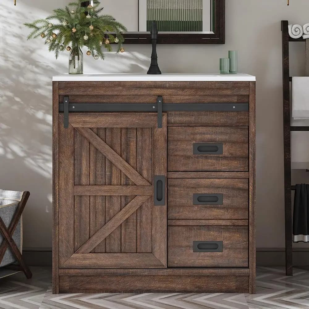 Mobile bagno scorrevole stile rustico con lavabo integrato, mobiletto bagno con cassetti e maniglie in metallo, autoportante