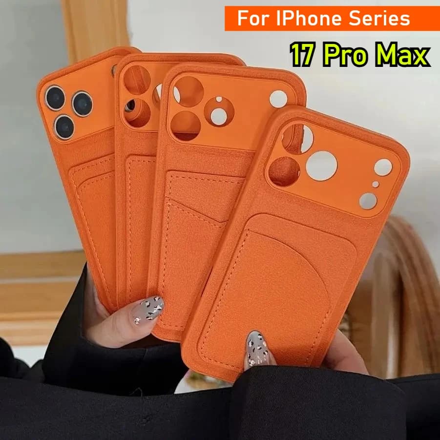 Leather Orange Color Card Holder Case For iPhone 17 Air 16 E 15 14 13 12 Mini 11 Pro X XR XS Max 7 8 Plus SE Wallet Pocket Cover