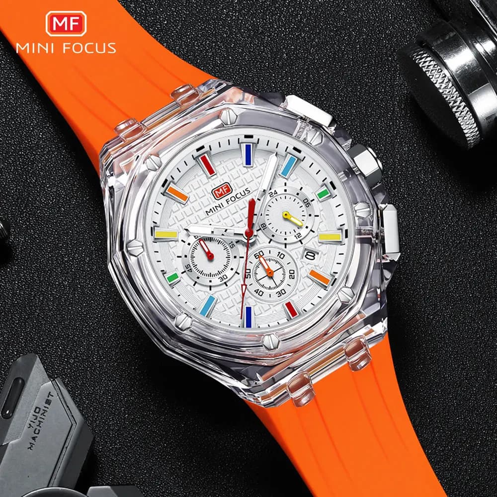 MINI FOCUS Men's Sports Quartz Watches with Orange Silicone Strap Chronograph Fashionable Waterproof Light Wrist Watch with Calendar
