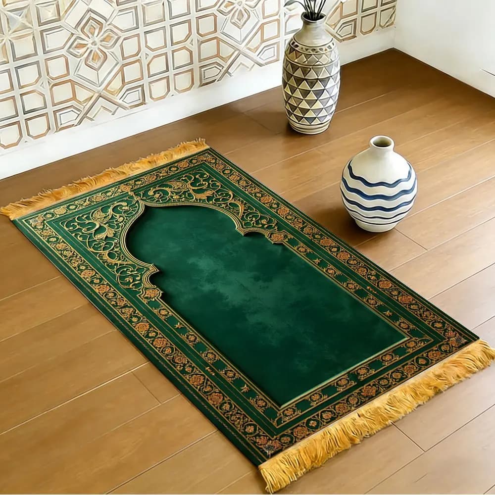 Tappeto da Preghiera Islamico Verde Scuro con Motivi Floreali Dorati, Tappetino Portatile in Poliestere per Preghiera Musulmana, Regalo Ramadan 2026, Decorazione Casa